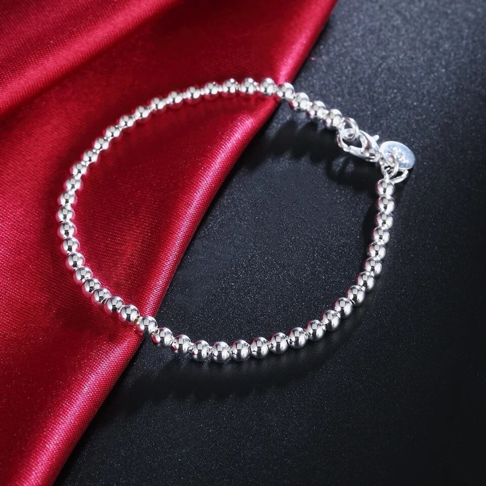 925 sterling silver Classic 4MM round beads chain Bracelets for women Fashion - Picture 2 of 5